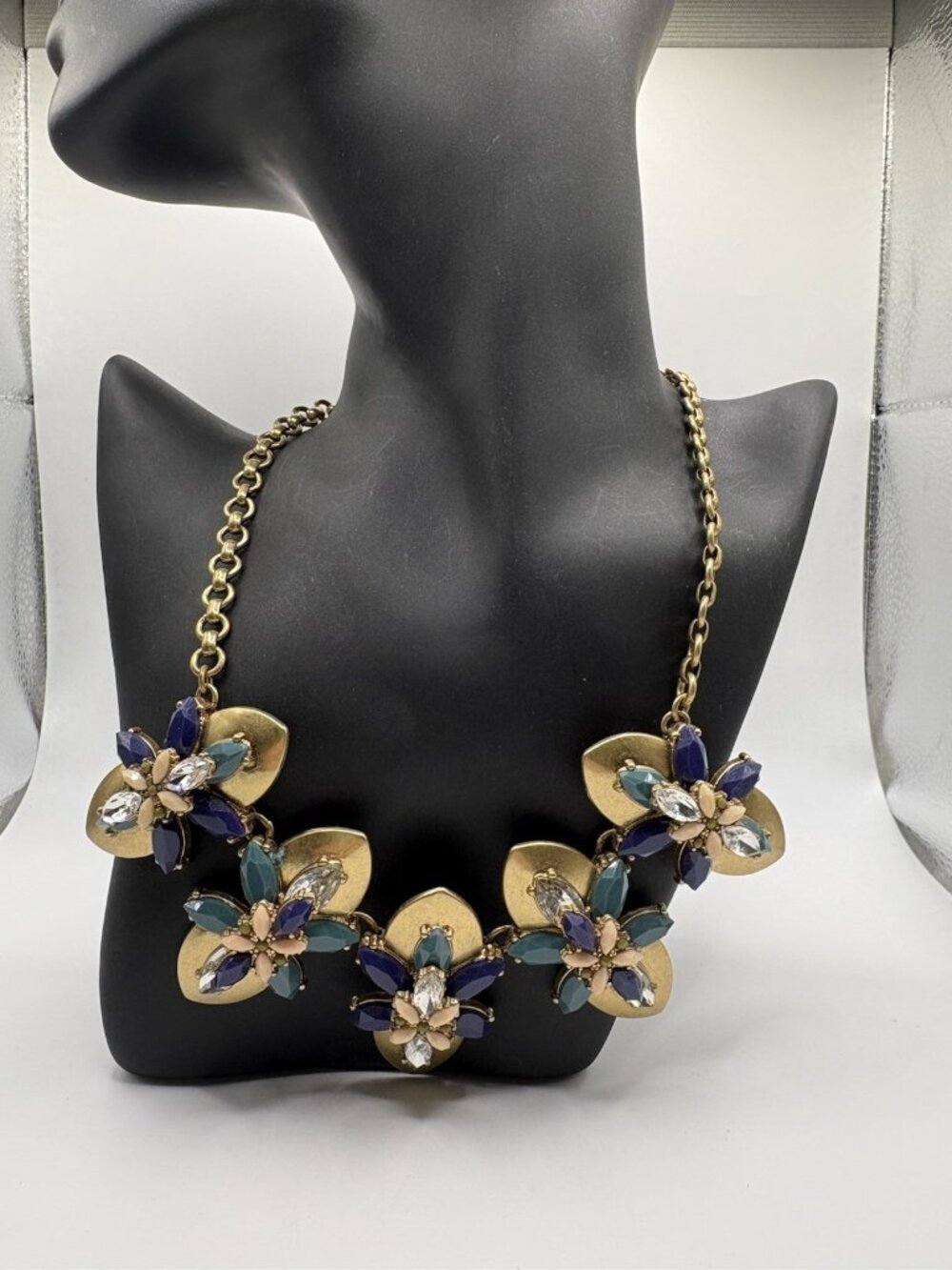 J. Crew 2010’s Gold Tone Blue Spiked Rhinestone Statement Necklace Jenna Lyons